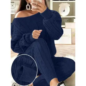 Suitable for autumn and winter two-piece sets, long-sleeve pullover sweater paired with knit long pants, casual and simple style for everyday wear Can be used with a raincoat