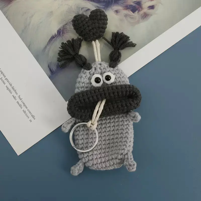 Handmade Crocheted Sausage Mouth Car Keychain - Soft Yarn Cotton-Blend Drawstring Pouch Key Fob, Automotive Interior Accessory Case Cover, Ideal Holiday Gift