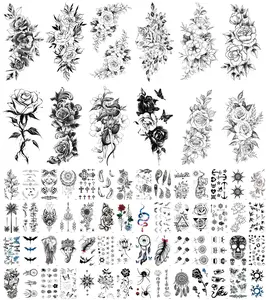 68 Sheets of Realistic Black Rose Peony Temporary Tattoos: Body Art for Women, Arm Sleeves with Snake-Inspired Floral Sketch Designs Flower Halloween