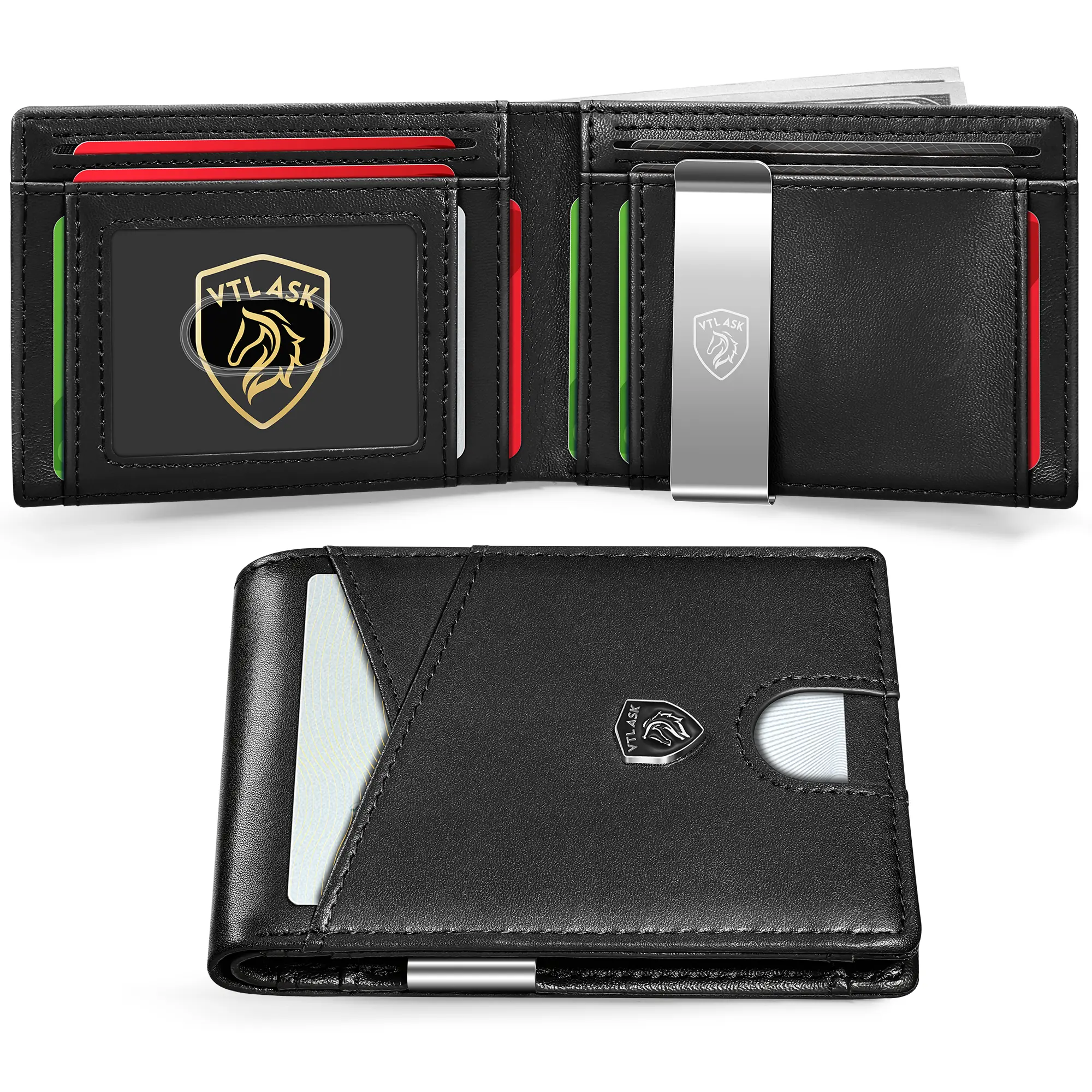 VTLASK 2026 Slim Bi-Fold Men's Wallet - 11 Card Slots, RFID Blocker, Carbon Fiber & Minimalist Leather, Abrasion Resistant, Recto Verso, Black Trend, Gift Box Included