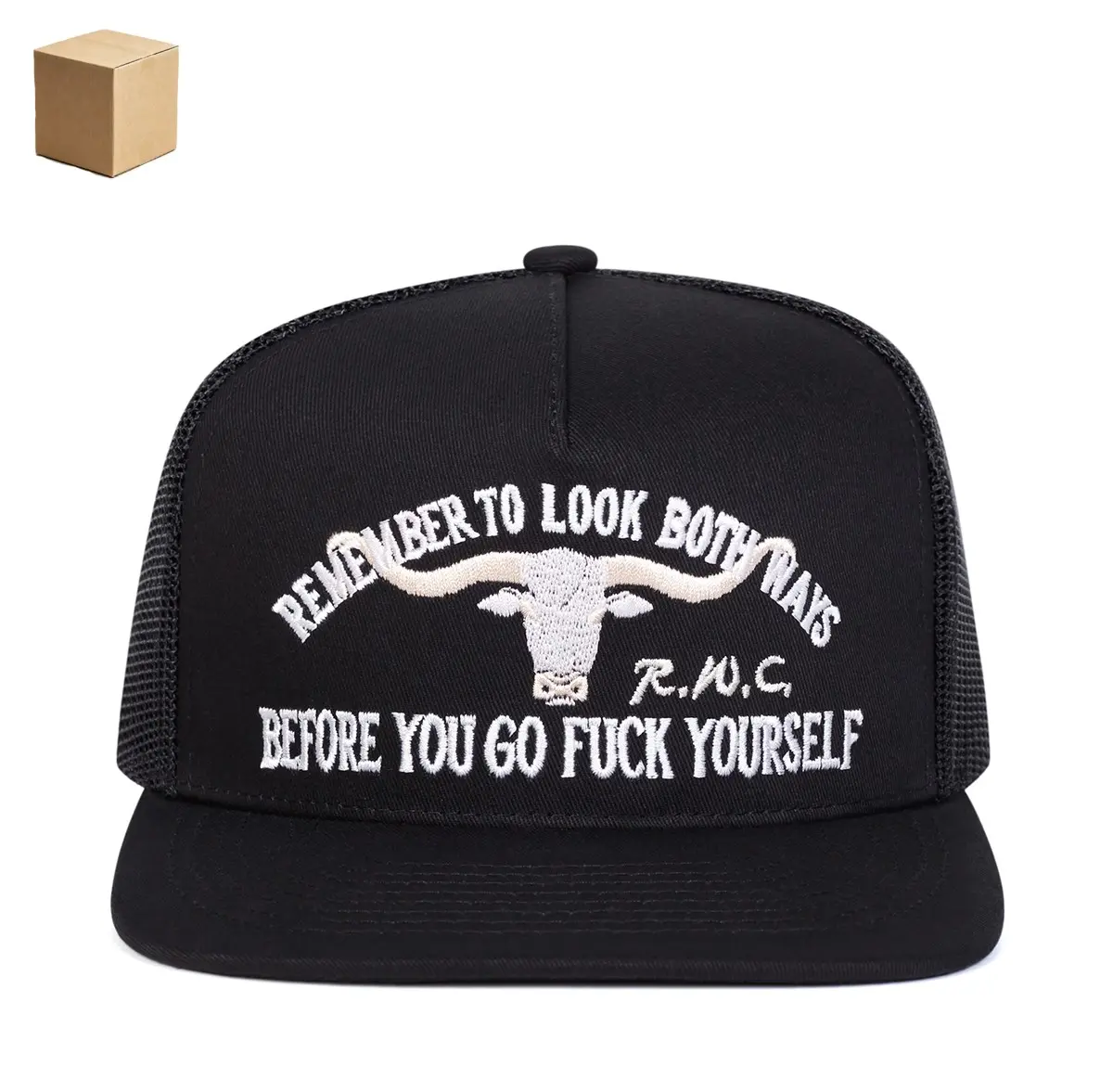 "Bullhead" 3D & Slogan Embroidery Flat Brim Trucker Hat, High-End Adjustable Street Style Hip Hop Cap, Sunscreen Leisure Hat for Travel, Beach & Surf fathersday‌ gift