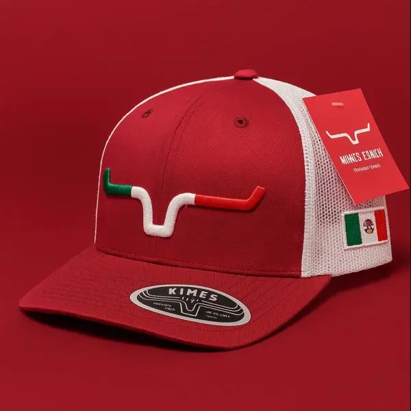 Kimes Ranch Mexico Flag Trucker Hat for Men & Women, Red-Black 3D Raised Horn Embroidery Mesh Snapback Baseball Cap, Western Rodeo Ranch Outdoor Hat