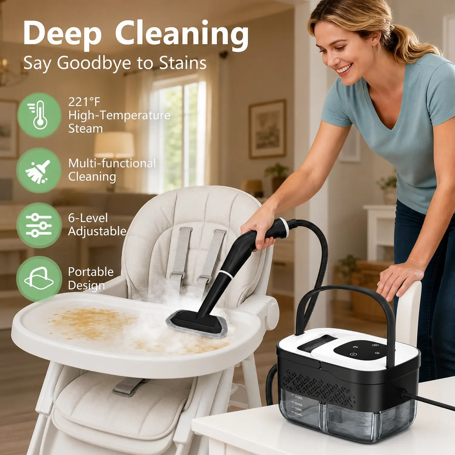 Portable Steam Cleaner, 221°F High-Temperature Handheld Steamer with 16 Attachments for Baby Toys, Play Mats, High Chairs, Pet Supplies & Deep Home Cleaning
