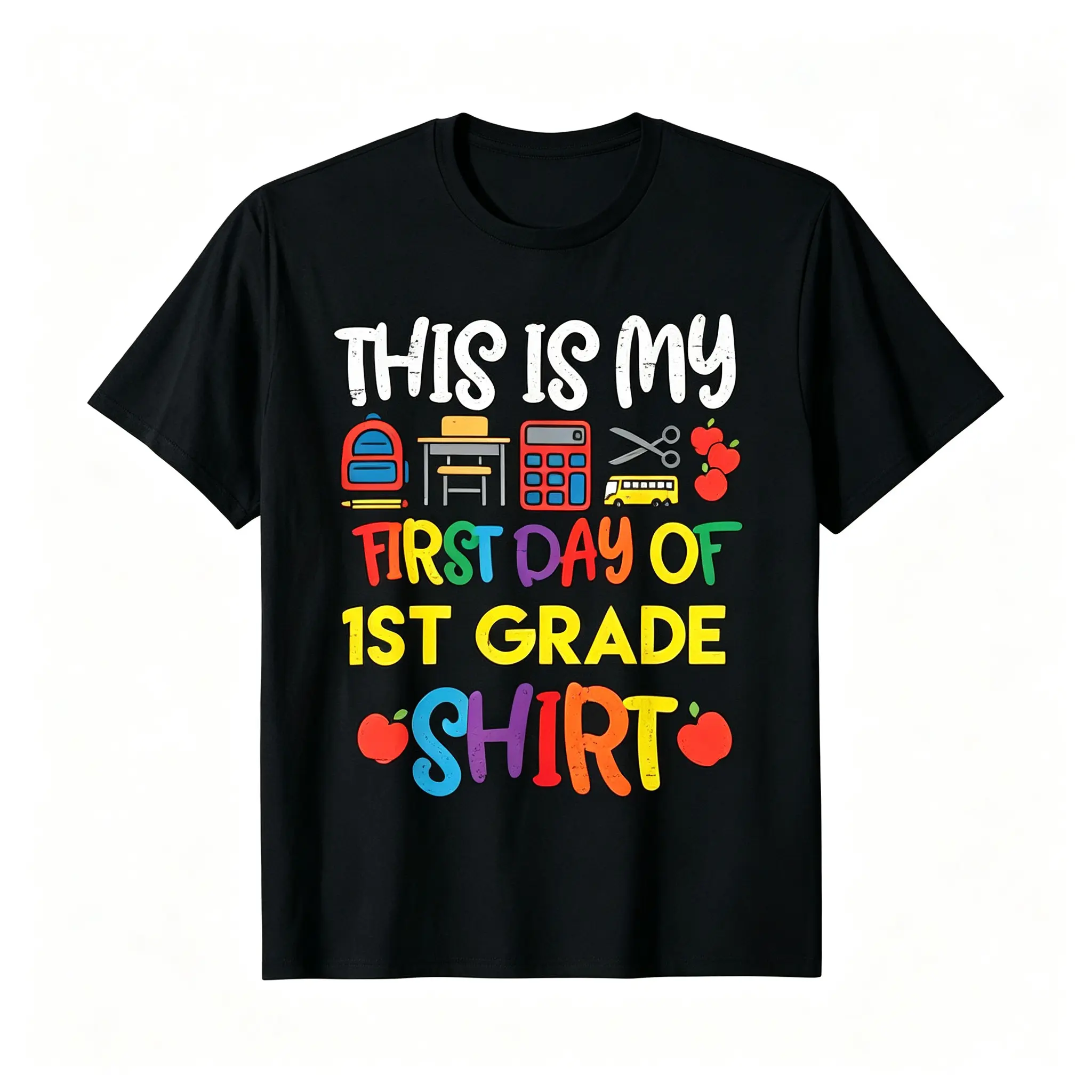 First Day of School Graphic Cotton T-shirt for Boys and Girls featuring Colorful School Supplies Crew Neck Short Sleeve Tee Perfect for Kids Students Back to School Gift