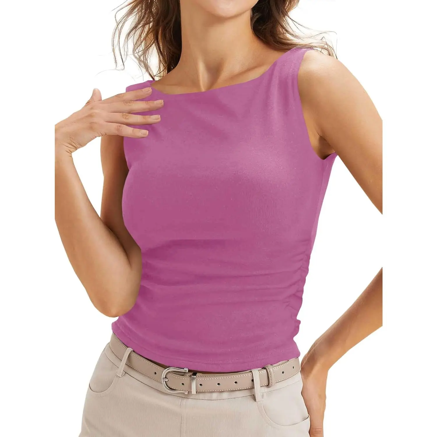 Imily Bela Womens Boat Neck Tank Tops Summer Tight Ruched Sleeveless Shirts