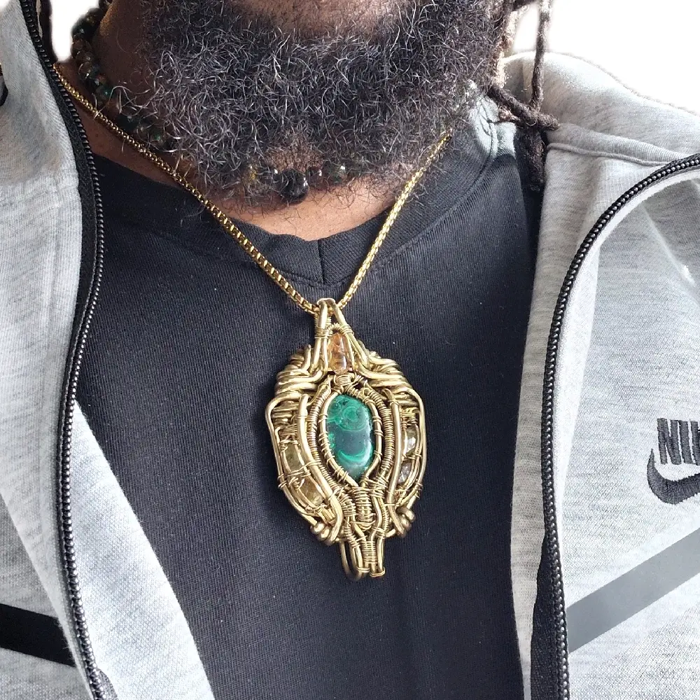 Golden Topaz malachite green tourmaline pendant, multi crystal brass pendant, malachite necklace, Golden necklace, Tourmaline necklace Double bail pendant, upside-down downside up necklace