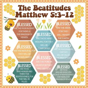 QOUBAI Christian Bulletin Board Decoration The Beatitudes Matthew 5:3-12 Classroom Decoration Motivational Bible Verse Poster Paper Cutouts for Back to School Sunday School Church Parish Decor（Groovy）