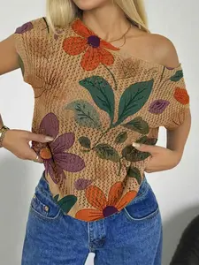 Spring Summer Women's Beach Vacation Style Asymmetric Neck Off-Shoulder Batwing Sleeve Semi-Sheer Lace, Floral Print Knit Top, Bikini Cover-Up, Swimwear Cover Up