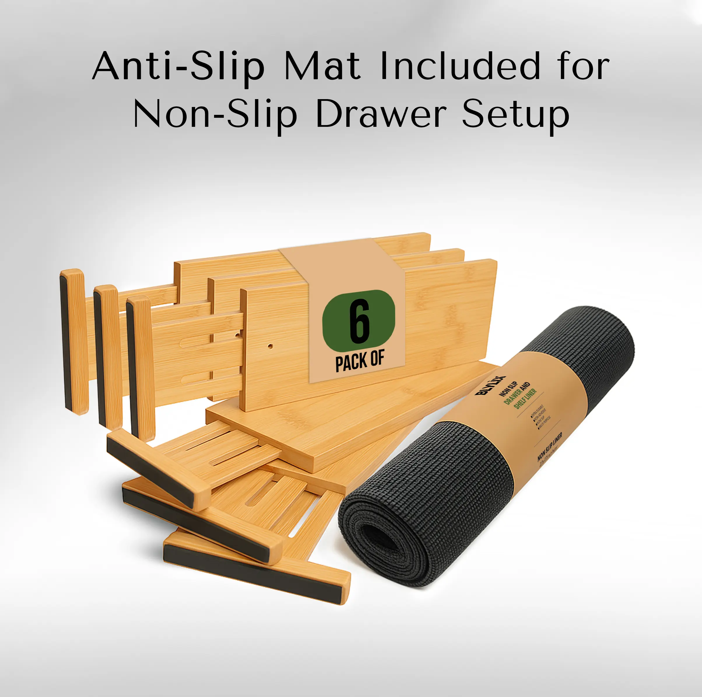 Blylix Adjustable Bamboo Drawer Dividers Organiser, 6-Pack 6-Layer Straight-Bar Expandable (12.5"-17") with Anti-Slip Liner for Closet, Kitchen Dressers, Home Office Racks