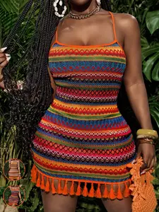 Women's Vacation Bohemian Colorful Striped Fitted Fringe Dress, Women's Mini Dress,Stylish and Comfortable Summer, Perfect for Beach and Poolside Wear