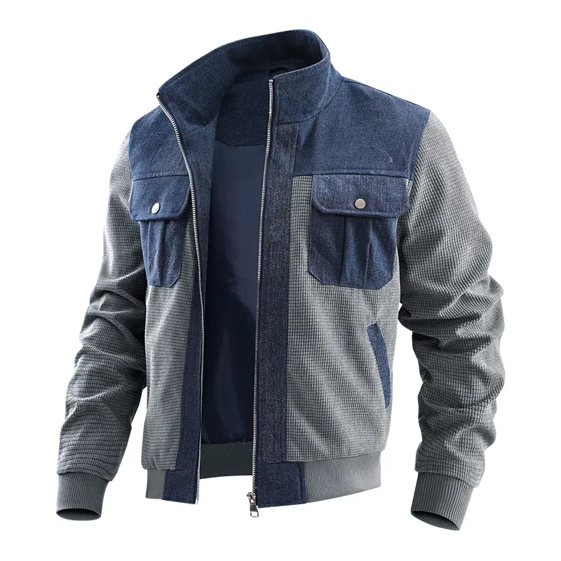 Men's denim patchwork waffle-knit bomber jacket with stand collar and cargo pockets, casual outerwear