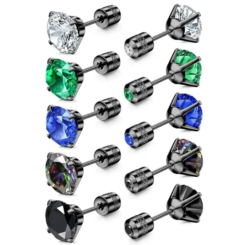 5 Pairs Screw Back Stud Earrings for Men Women | Surgical Stainless Steel, Hypoallergenic for Sensitive Ears, 5A Round Square Cubic Zirconia, for Sleep Daily Piercing