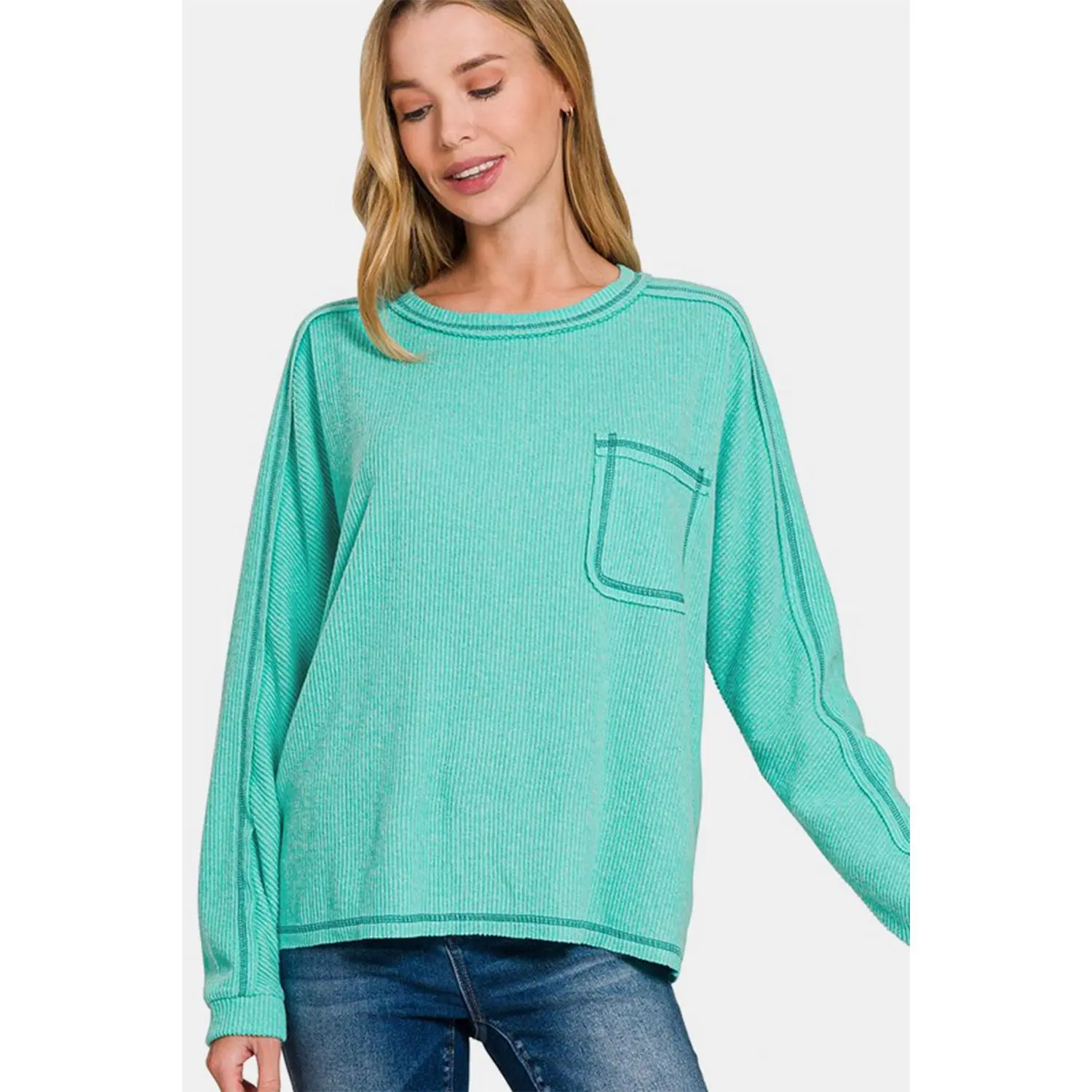 Zenana Full Size Contrast Stitching Brushed Ribbed Hacci Knit Top Plus Size