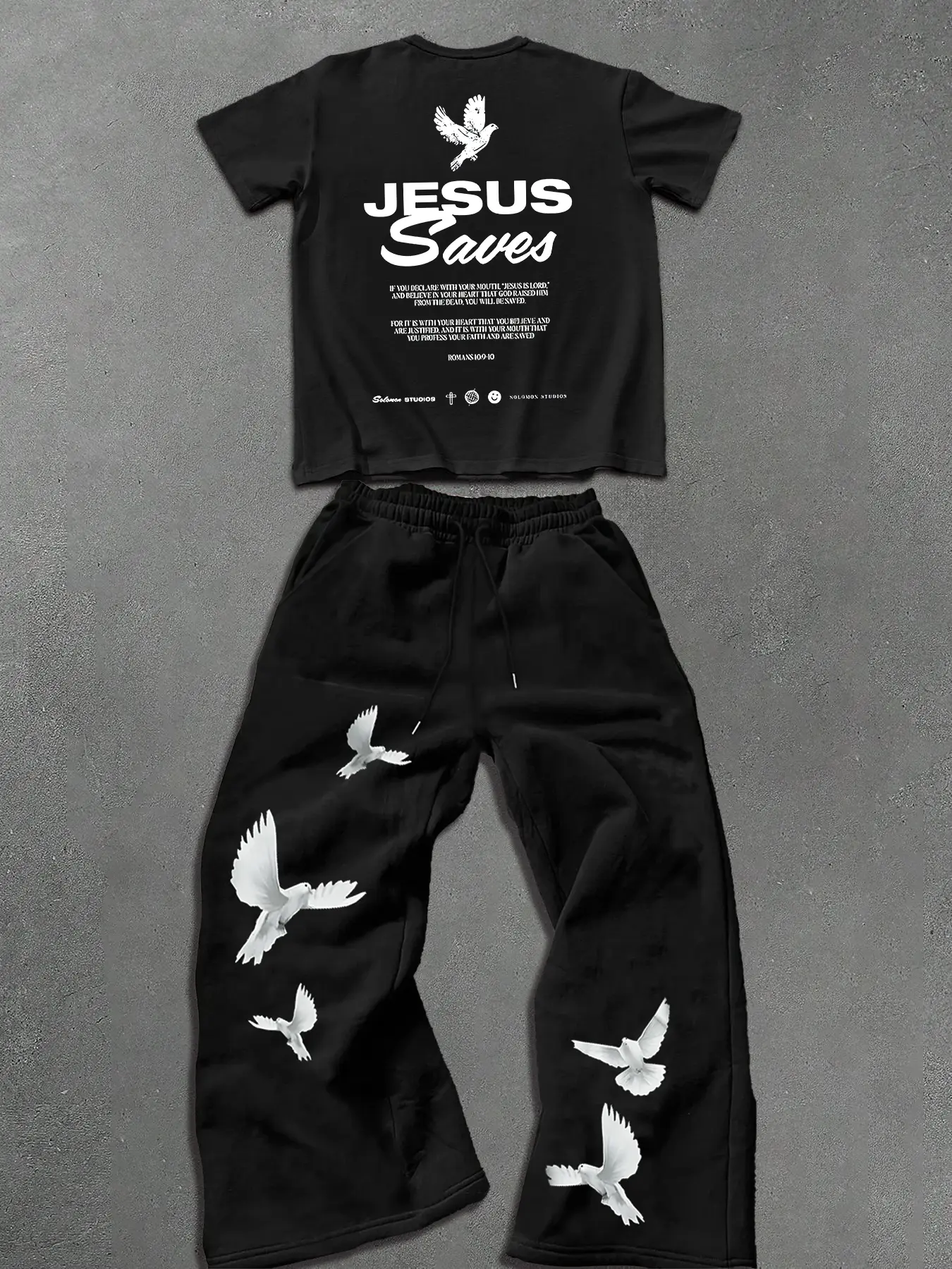 Men's Two-Piece Set Jesus Saves Graphic Print Fitted Short Sleeve T-Shirt & Dove Wide-Leg Pants, Streetwear Style, Spring & Fall Fashion Clothes