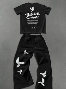 Men's Two-Piece Set Jesus Saves Print Short Sleeve T-Shirt & Dove Wide-Leg Pants, Street Style, Spring & Fall Fashion