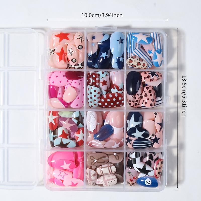 288pcs Acrylic Nail Tips Set, Stylish Acrylic Nails, Short Oval Star Leopard Bow Stripe Cartoon Dot French Design, Reusable Fake Nails for Women Girls