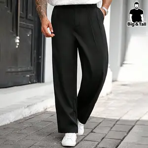 Men's Plus Size Black Wide Leg Dress Pants, Casual Loose Fit Straight Trousers for Business & Daily Wear, Breathable Lightweight Formal Pants for Big & Tall Guys