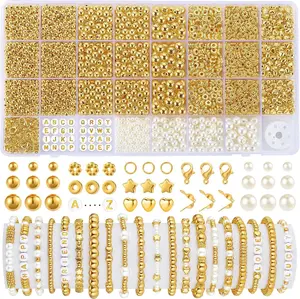 Funtopia Spacer Beads for Jewelry Making, 2500Pcs Gold Round Beads for Bracelets, 4mm 6mm 8mm Spacer Loose Ball Bead Star Pearls Letter Bead for DIY Bracelet Jewelry Making Craft