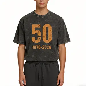 Vintage Washed Men’s T-Shirt with Distressed '50' Number and '1976-2026' Birth Year Logo – Oversized Fit, Textured Fabric, Round Neck Short Sleeve