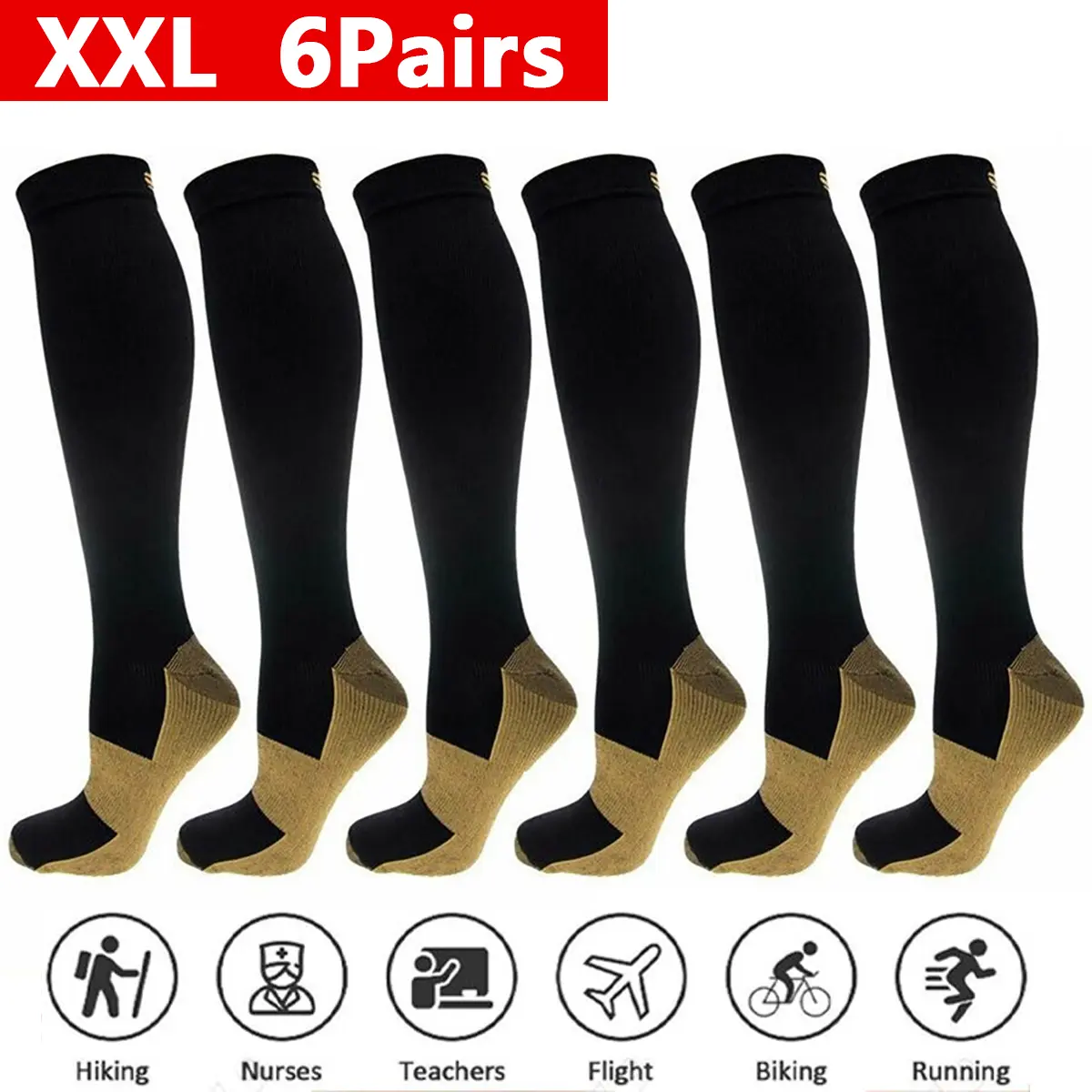 Mens 6 Pairs XXL Copper Compression Ankle Socks - 20-30mmHg Graduated Support, Non-Slip, Ankle Length, All Seasons, Flight Compression Stockings