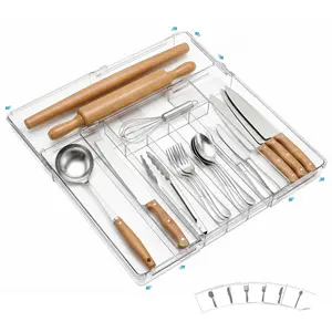 【Live Only】Vtopmart Expandable Silverware Organizer, Clear Plastic Food-Safe Cutlery Flatware Organizer, Kitchen Utensil Drawer Organizer, Adjustable Silverware Holder for Spoons Forks Knives, Divided Compartments
