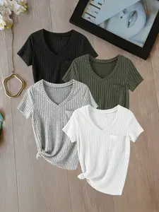Summer V-Neck T-Shirt Set, Soft & Skin-Friendly Material, Slim Fit Design, Four-Piece Short Sleeve Top Collection, Clothes