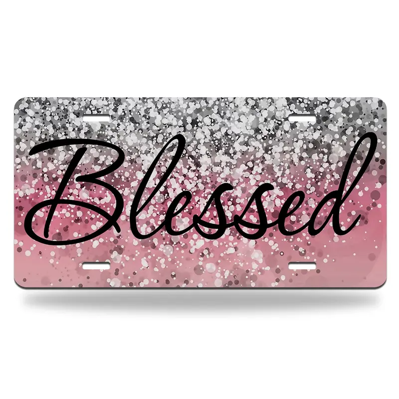 Blessed Pink Glitter Metal Car Plate Aluminum License Plate, 12" x 6" Aluminum Vanity Tag for US Vehicles - Car Accessories