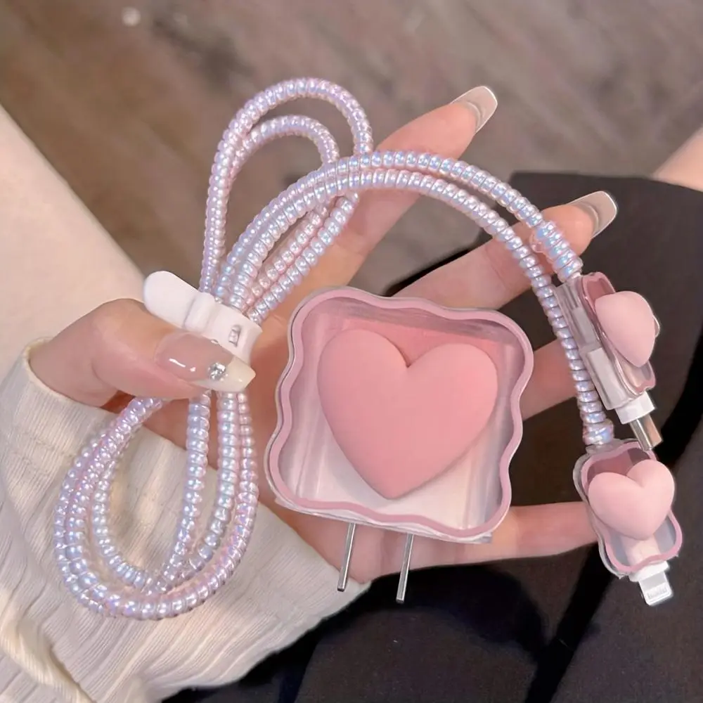 Halloween Gifts, Heart Decor Data Cable Protector & Portable Charger Head Cover Set for Summer Gift, Smartphone Handheld Cell Phone Charger Protective