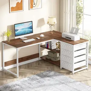 Tribesigns L Shaped Computer Desk with Storage Drawers, 59 inch Corner Desk with Shelves, Reversible L-Shaped Office Desk Study Writing Table Workstation for Home Office, Walnut & White officedesk