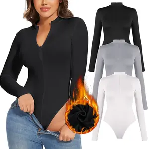 Women’s solid long-sleeve mock turtleneck zip-front bodysuit; comfortable basic casual soft stand-collar bodysuit top lined with fleece for fall/winter; thermal underwear/warm clothing; fashionable women’s wear — GARMENTARY