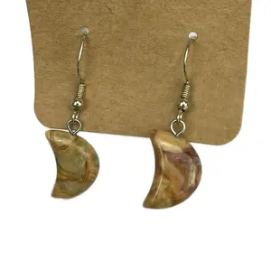 S925 Sterling Silver Drop Earrings in coral Jasper moon Shape