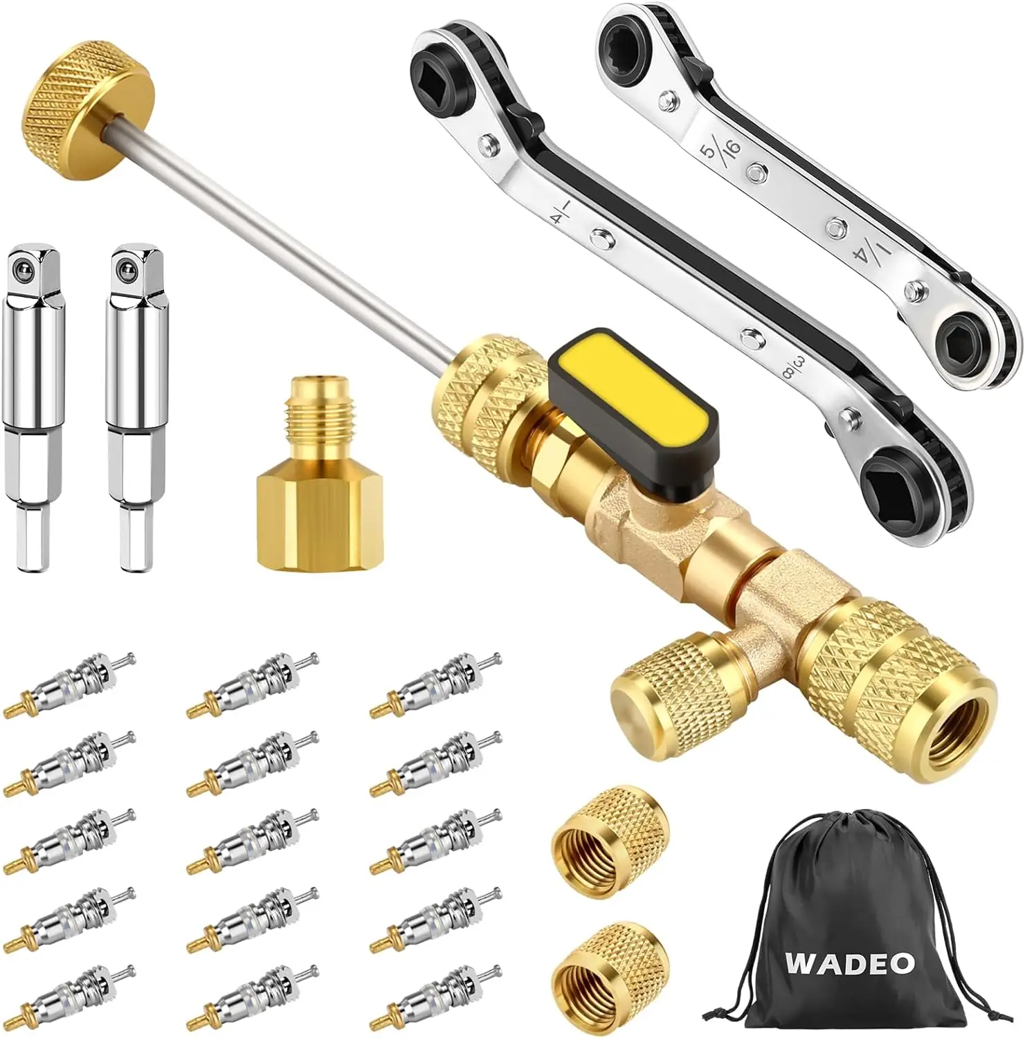 WADEO Valve Core Remover Tool & Hvac Service Wrench Set with Hex Bit Adapters, Dual Size SAE 1/4 & 5/16 Port, Hvac Tools with 15 PCS Valve Cores, 2 PC