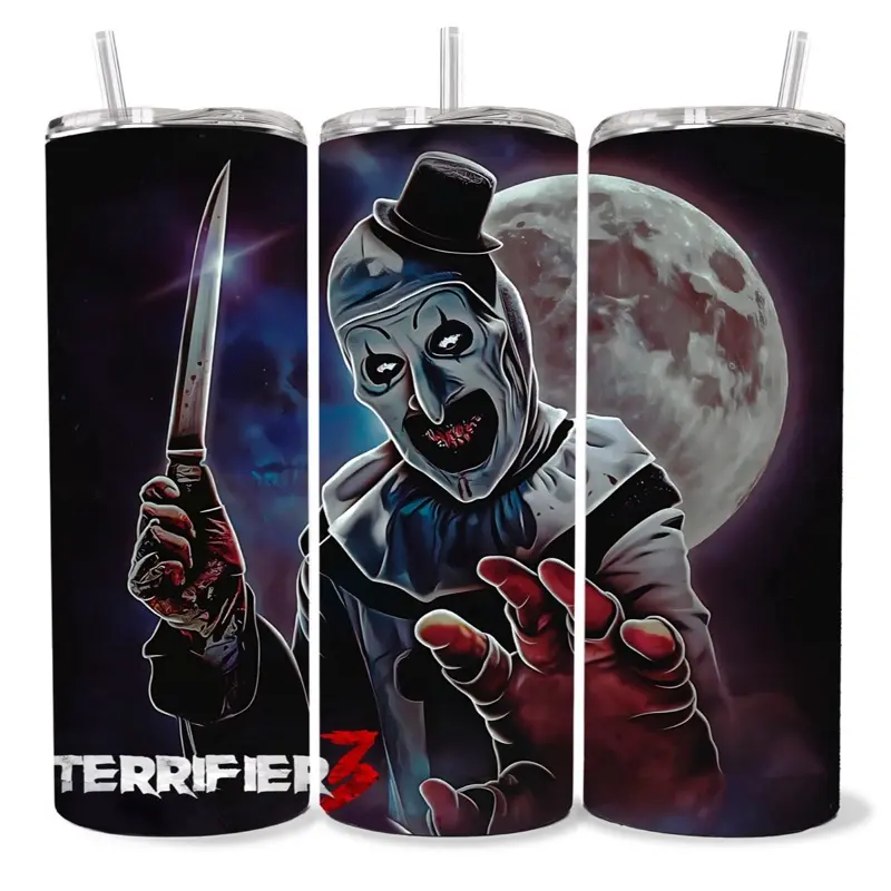 Terrifier 20 oz Tumbler - BPA Free, Stainless Steel, Leak Proof, Clear Lid, Includes Straw