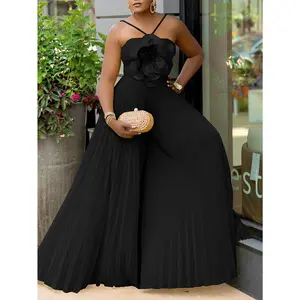 New Women'S European And American Summer Hanging Neck Three-Dimensional Flower Solid Color Wide Leg Plus Size Foreign Trade Jumpsuit