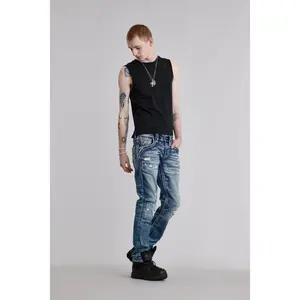rr Men's Mattie Straight Denim Jeans - Embroidery Accents, Leather Detailing, Pocket Design, Streetwear Casual Menswear Bottoms