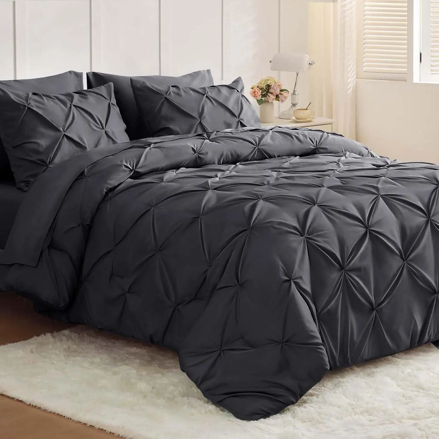 King Size Pintuck Bedding Set - 7-Piece Dark Grey Set with Comforter, Flat Sheet, Fitted Sheet, Pillowcases & Shams for Modern Home Decor