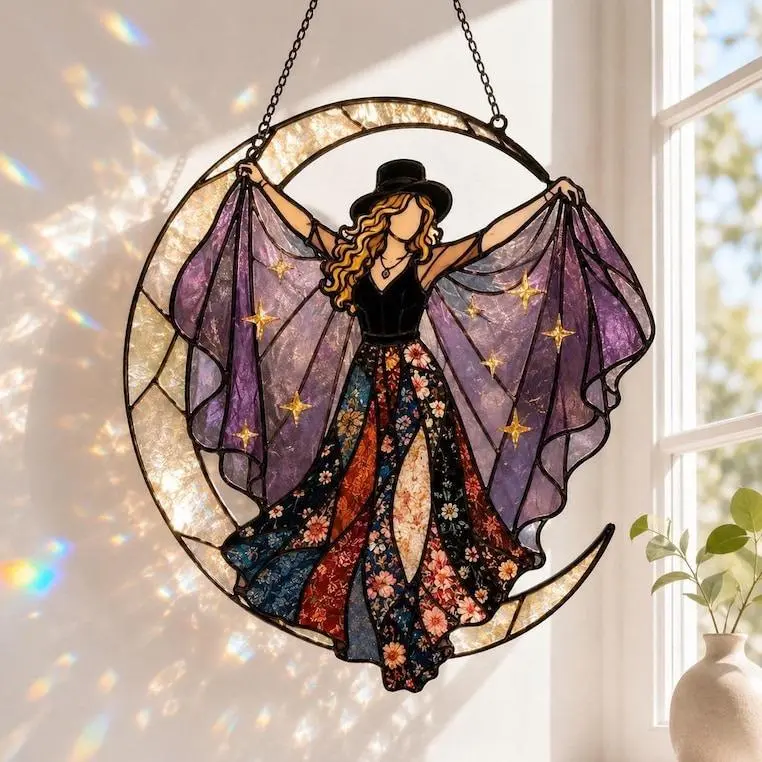 Gothic Moon Witch Flat Glossy Acrylic Home Decorative Ornament - Vintage Celestial Crescent Floral Hanging Print Window Suncatcher, Witchy Home Decoration