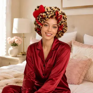 Satin Sleep Bonnet for Curly Hair, Leopard Bow Bonnet for Overnight Hair Protection