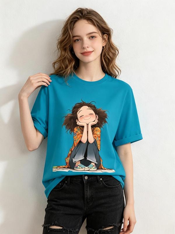 Women's Aesthetic Cartoon Girl Graphic T-Shirt - Casual Crew Neck, Short Sleeve Anime Print Summer Everyday Wear Tops