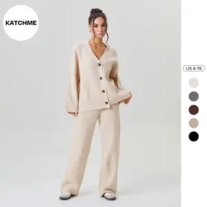 KatchMe Women's Slouchy Solid Color V-Neck Button-Up Long Sleeve Cardigan & Stretch Loose Trousers Co-ord, Minimalist Two Piece Outfits, Cozy Womenswear