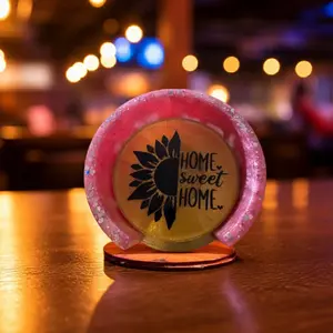 Set of 4 Round Coasters Pink Gold & Black Resin Vinyl Coaster Holder Included Home Sweet Home Design for Home Decor