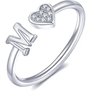 Heart Initial Ring for Women Silver Rose Gold Plated Heart Capital Letter Initial Ring Stackable Rings for Women Adjustable Alphabet Letter Rings Jewelry Gifts