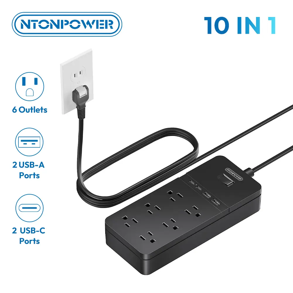 2 Prong Surge Protector Power Strip with 10ft Extension Cord, NTONPOWER 2 Prong to 3 Prong Outlet Adapter with 6 Outlets 2 USB Ports, 2100J Surge Protector Wall Mount for Old House Non-Grounded Outlet