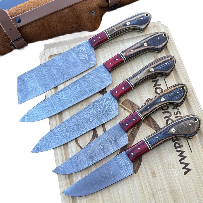 Handmade Damascus Kitchen Knife Set - 5 Pcs with Leather Roll Bag - High-Quality Craftsmanship - Block knife set