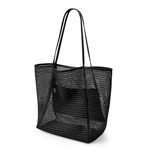 Mesh Beach Bag, Foldable Large Capacity Shopping Bag with Zipper Pocket, Reusable Folding Storage Bag for Beach, Picnic, Travel, Home Organizer
