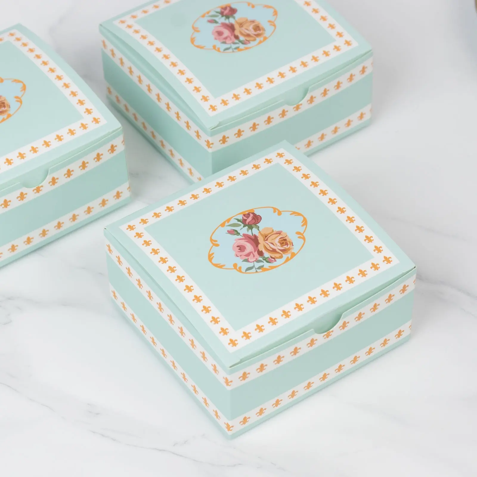 25-Pack Favor Boxes Vintage Rose Floral – Turquoise Cardstock Gift Boxes for Treats, Chocolates, Macarons & Small Gifts - 4"x4"x2", Gift Box Design, Beautiful Gift Box
