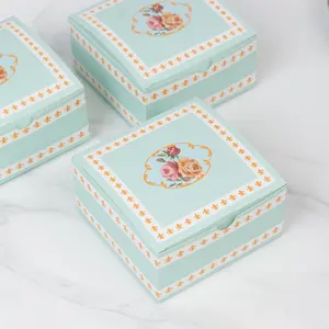 25-Pack Favor Boxes Vintage Rose Floral – Turquoise Cardstock Gift Boxes for Treats, Chocolates, Macarons & Small Gifts - 4"x4"x2"
