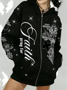 Women's Casual Hooded Sweatshirt, Printed Long Sleeve Top, Fall Winter Drawstring Design, Comfortable Daily Wear, Gothic Hoodie, Drawstring Zip Up