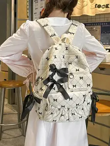 Velvet Bow Backpack Cute Versatile Backpack Large Capacity Student Bag, Outdoor Travel Shoulder Bag, Stylish Schoolbag for Daily Use