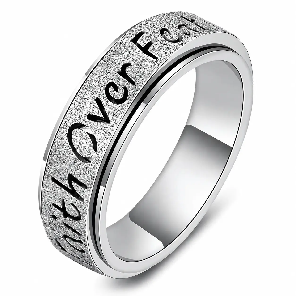 Engraved Fidget Spinner Ring, Faith Over Fear Inspirational Ring for Women Men, Double Layer Stainless Steel Anxiety Relief Jewelry, Stress Relief Focus Ring, Hope Gift
